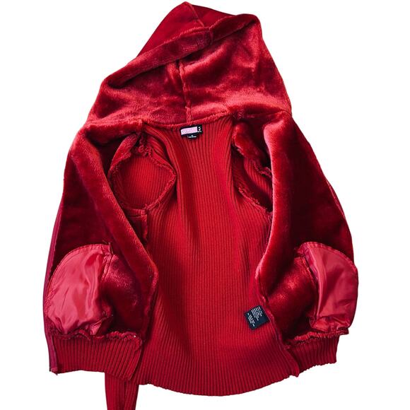 Y2K Cherry Red Faux Suede Leather Jacket Hooded Knit Vintage Faux Fur - Picture 3 of 11